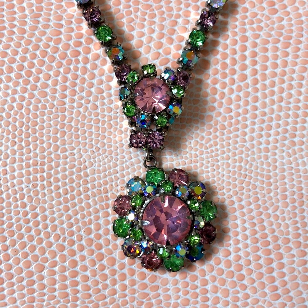 Vintage Sparkly Pink and Green Rhinestone Flower Necklace